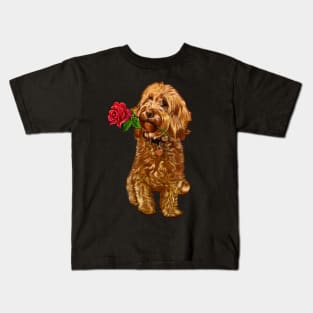 The Best Valentine’s Day Gift ideas 2022, Cavapoo Cavoodle with single red rose- cute cavalier king charles spaniel snug in a snowflake themed scarf Kids T-Shirt